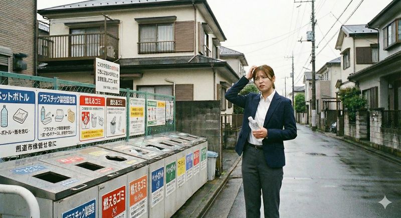 リサイクルボックスの前で分別に悩む様子